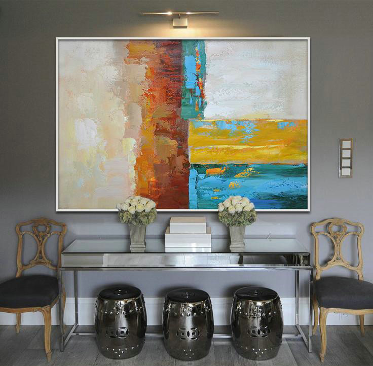 Original Art,Vertical Palette Knife Contemporary Art,Extra Large Canvas Art,Handmade Acrylic Painting,Blue,Red,Yellow,Gray.etc